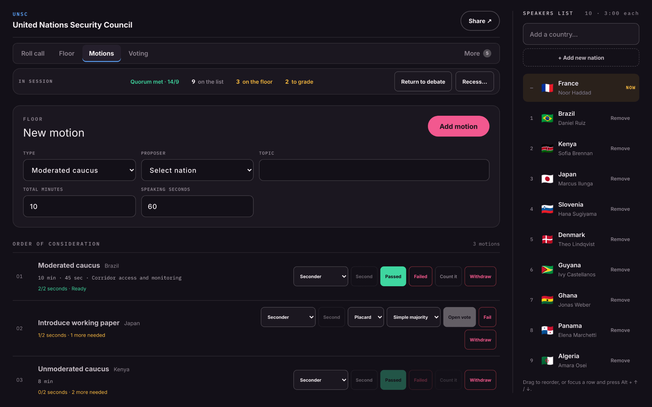The chair console's Motions tab: a composer for a new motion, then three motions in order of consideration, each showing how many seconds it has and how many it still needs.